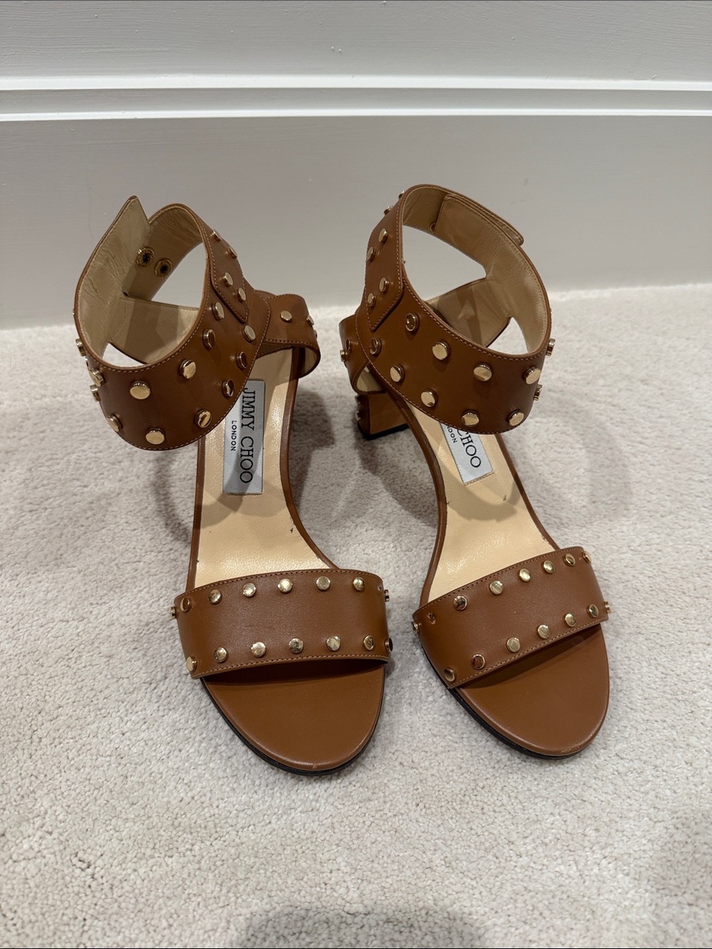 Jimmy Choo Tan Leather Studded Block Heel Sandals